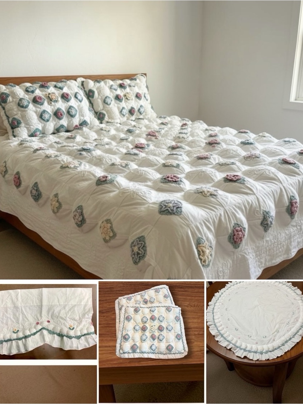 Vintage JCPenney Home Collection 7 Piece Full Puff Yo-Yo Floral Bedding Set